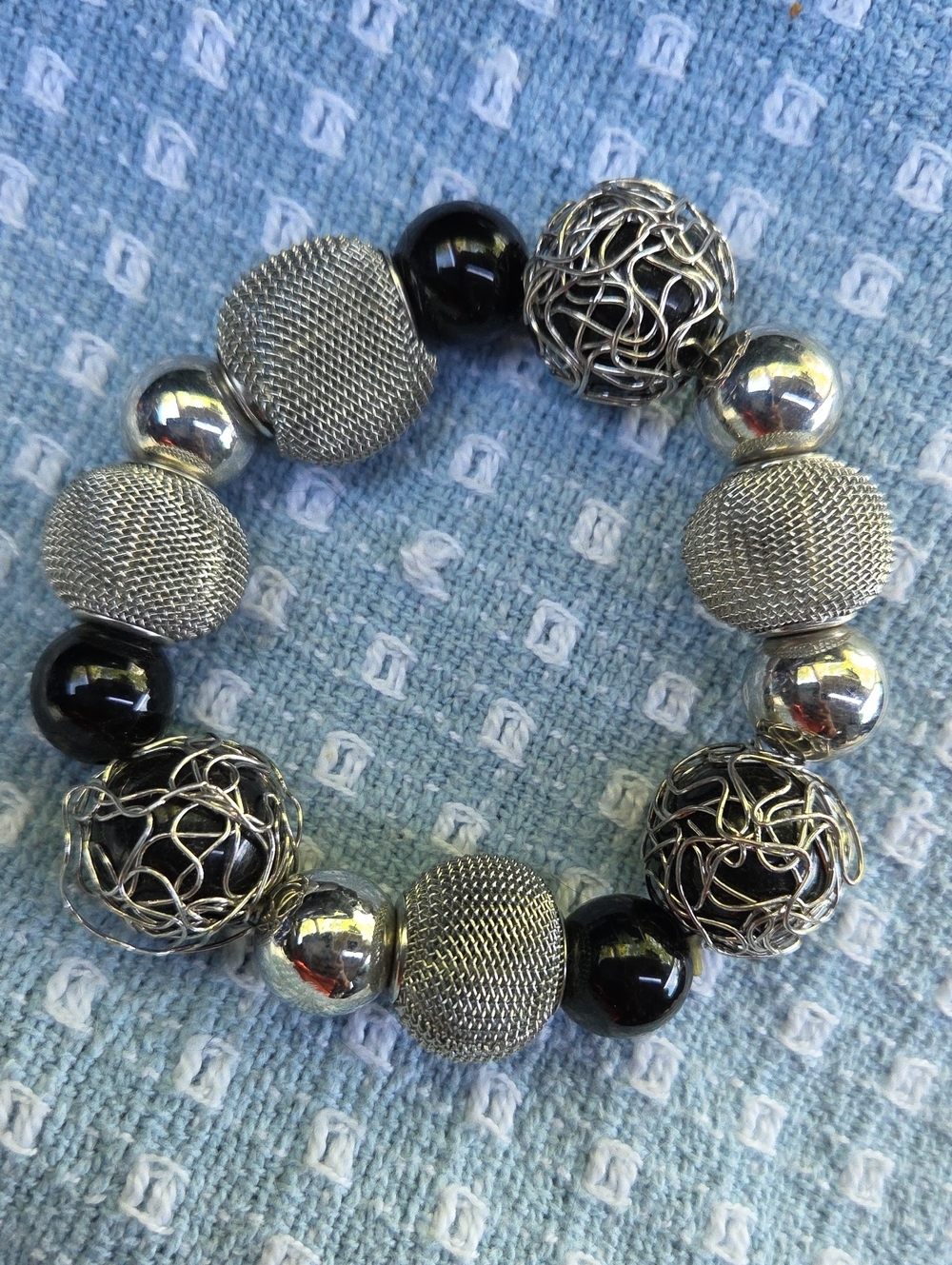 Vintage Style Black & Silver Mix Media Beaded Stretch Bracelet. Chunky Boho.